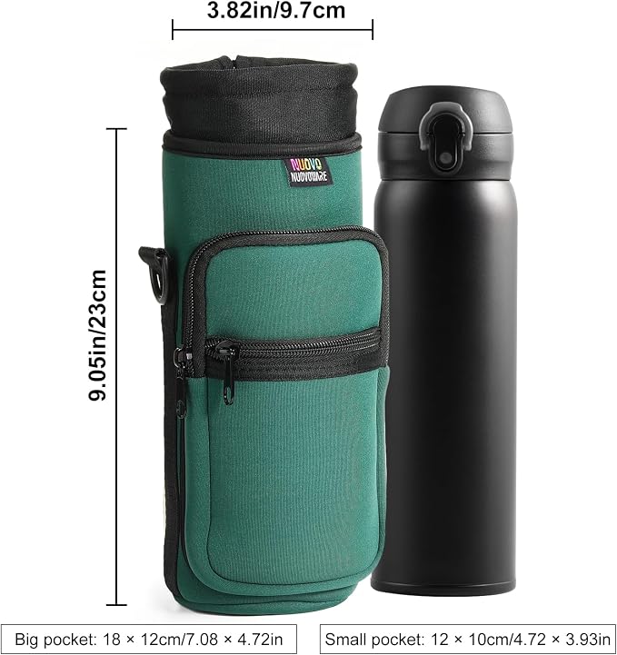 Nuovoware Water Bottle Carrier Bag, 40oz Bottle Pouch Holder, Adjustable Shoulder Hand Strap 2 Pocket Sling Neoprene Sleeve Sports Accessories for Hiking Travelling, Dark Green