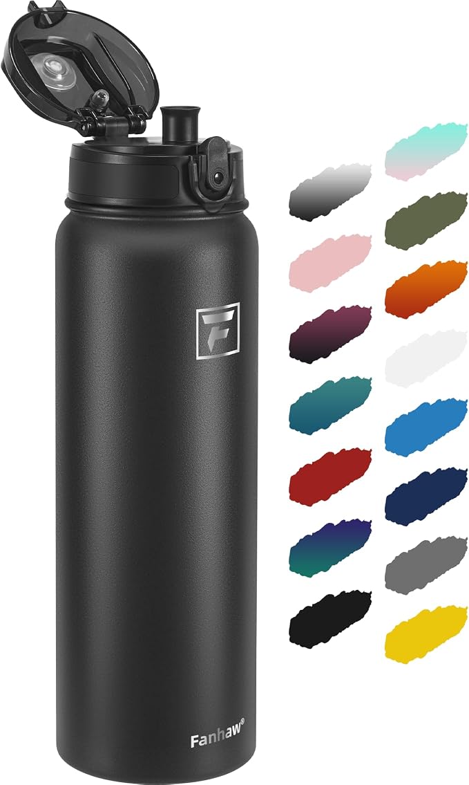Fanhaw 40 oz Insulated Stainless Steel Water Bottle with Chug Lid, Leakproof & Sweat-Free Extra-Large Metal Bottle for Outdoor, Hiking & Gym (Black)