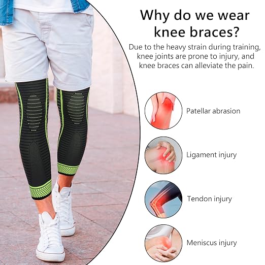 Full Leg Compression Sleeves 2 Pack anti Sliping Ventilation Long Knee Support with Wraps for Men and Women Long Knee Compression Sleeve for ACJ, PCL, Meniscus Tear, Arthritis (M, Green)
