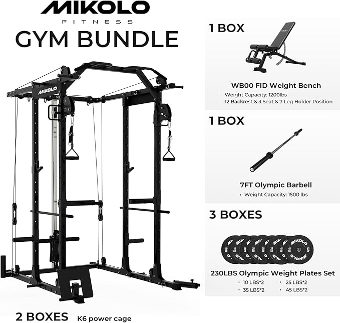 Mikolo Power Cage, Power Rack with Cable Crossover System, 1500LBS Squat Rack with LAT Pull Down System, Workout Cage with Pulley System for Fitness Home Gym