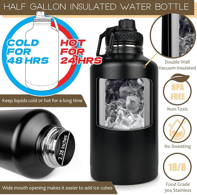 DEFUNX Half Gallon Water Bottle with Sleeve - 64 Oz Insulated Water Jug with Strap Stainless Steel Big Gym Water Bottles for Men Sports Workout Hiking Camo Black