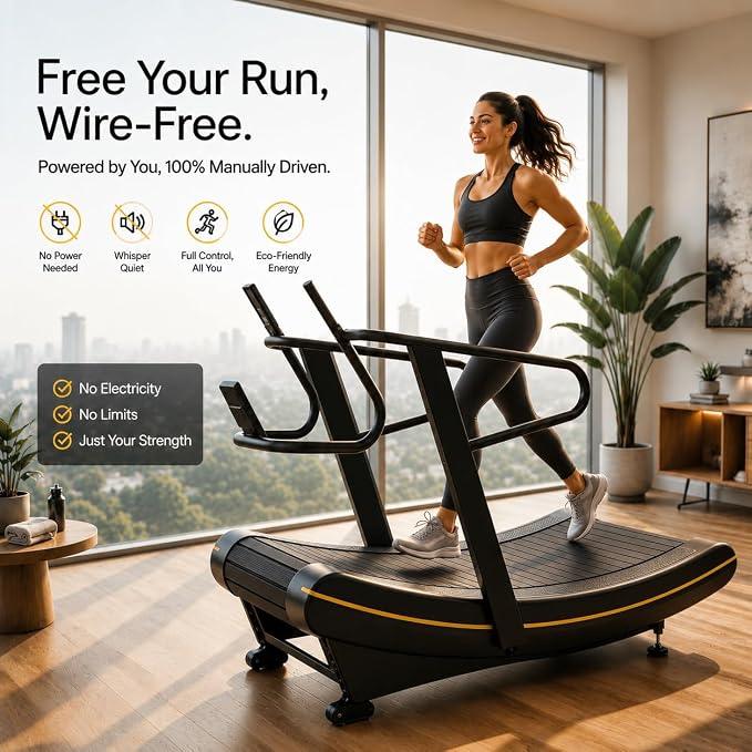 Curved Manual Treadmill, Non Electric Treadmill with 8 Resistance Levels | Self-powered curved treadmill with 8 resistance levels, LED display, rubber belt, phone holder, and transport wheels.