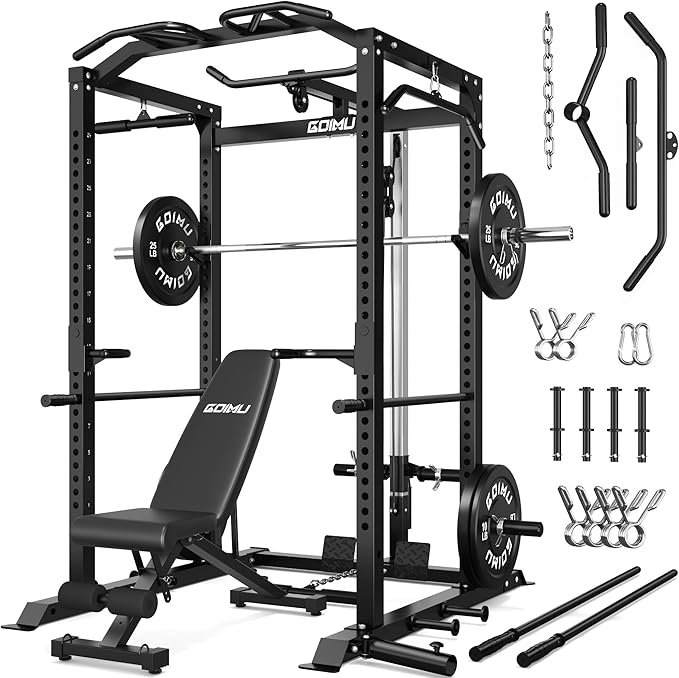 C1-V4 Power Cage, 2000LBS Squat Rack with LAT Pulldown, Multi-Function Weight Cage Strength Training Machine, Workout Cage with More Attachments for Home Gym Garage