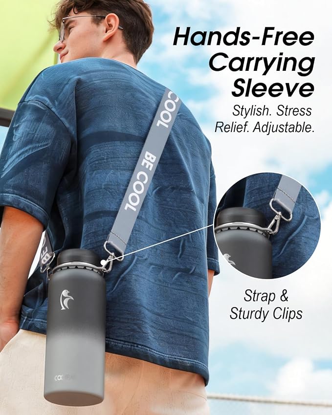 Coolflask 40 oz Water Bottle Insulated Stainless Steel with Strap | Metal Water Flask with Straw & Spout Lids, Triple-Wall, Cold 48+h, Dishwasher Safe, Leakproof, BPA-Free, for Gym & Hiking