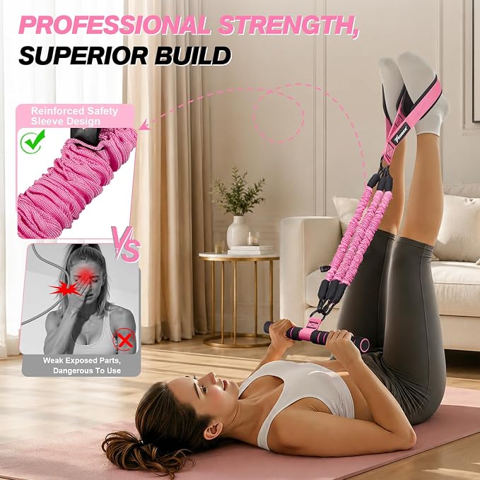 WOQQW Multifunction Pedal Resistance Band with Handle, Upgraded 3 Tube Adjustable Foot Resistance Bands for Core, Arm, Legs, Body Puller Trainer - Sit Up Exercise Equipment for Women Men