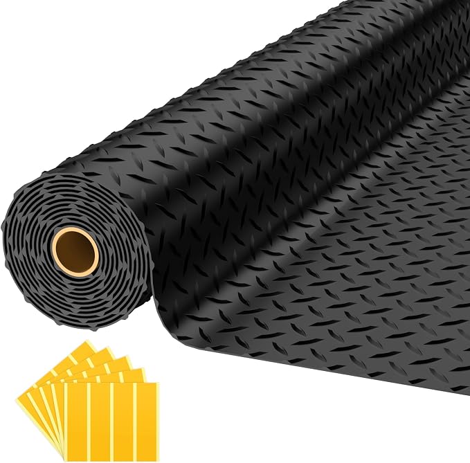 8x20 FT Garage Floor Mat, 2.8mm Thickened Diamond Plate | PVC Flooring Roll for Under Car/Garage/Warehouse/Basement/Gyms/Trailer, 160 SQFT Garage Mat, Tapes Included, Black