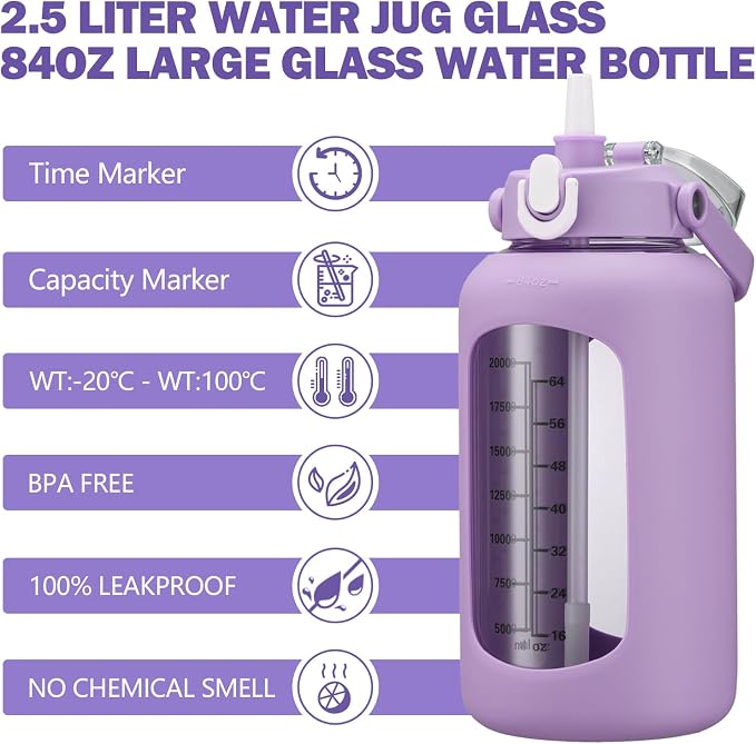 84oz Glass Water Bottle with Straw, 2.5 Liter Large Water Bottle with Silicone Sleeve and OZ Marker, Wide Mouth Gallon Glass Bottle with 2-in-1 Lid, Leakproof Water Jug for Gym Home, Purple