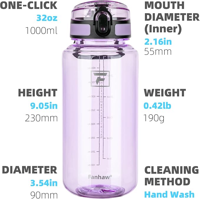 Fanhaw 32 Oz Clear Tritan Water Bottle, BPA-Free & Leak-Proof, Wide Mouth with Anti-dust Chug Lid, Reusable Plastic Bottle for Gym, Travel, School & Office, Back to School Essentials (Amethyst)