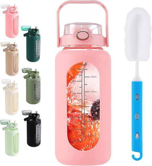 64 oz Glass Water Bottle with 2-in-1 Straw Lid Large Half Gallon Water Bottle with Time Marker & Removable Silicone Sleeve,Wide Mouth BPA-Free Borosilicate Bottle for Gym, Workout & Daily Use