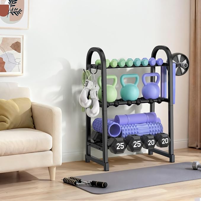 3 Tier Dumbbell Rack - Weight Rack for Home Gym: 360LB, Stand Only | Heavy Duty Adjustable Storage Rack with Hooks, Dumbbell Stand & Weight Holder, Organizer Shelf for Home Gym