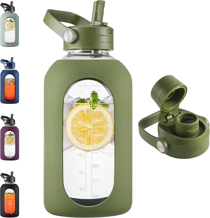 CIVAGO 64 oz Glass Water Bottle Jug with Detachable Straw and Time Maker | Half Gallon Motivational Large Flask Cup with Handle, Leakproof Lids, Wide Mouth, Silicone Sleeve, Juice Tumbler, Army Green