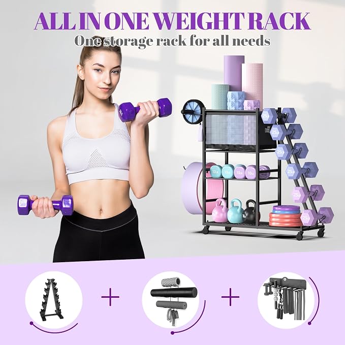 Mythinglogic Dumbbell Rack with Yoga Mat Holder and Wheels for Home Gym | Features a side dumbbell rack, yoga mat basket, shelves and hooks for kettlebells, weight plates, foam rollers and gym gear