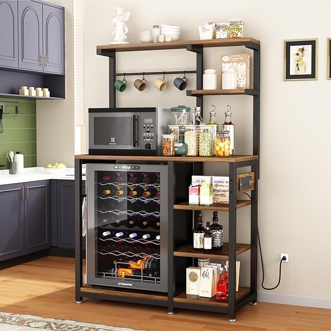 Large Bakers Rack with Power Outlet, Coffee Bar & Microwave Stand | Bakers Rack with Power Outlet, Coffee Bar Station & Microwave Cart, Metal Kitchen Storage Shelf with Wheels