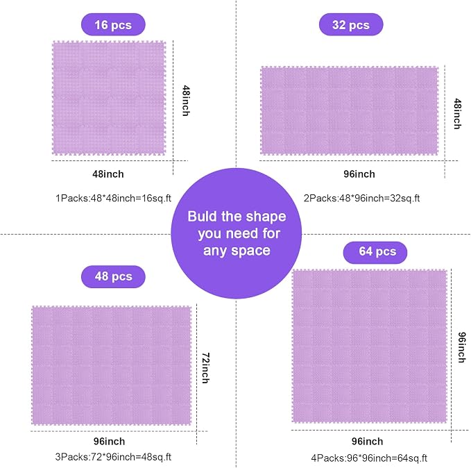Foam Floor Tiles Foam Floor Mats Play Mats Bulk with Borders Interlocking for Bedroom Gym Nursery(11.8 x 11.8 Inch,Purple)