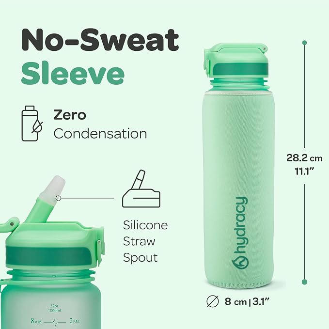 Hydracy Motivational Water Bottle with Time Marker and Straw Lid 32 oz | Leakproof,BPA Free,No Sweat Neoprene Sleeve,Carry Strap,Daily Intake Tracking for Fitness & Outdoors