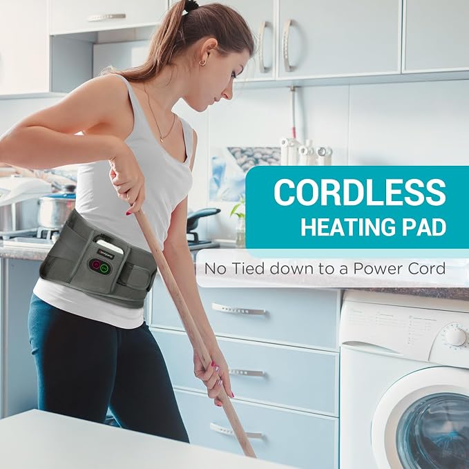 Comfytemp Cordless Heating Pad with Massager for Back, Gifts for Women Men | FSA Eligible HSA, Portable Lower Back Massager, Rechargeable Wireless Electric, Birthday Mom Dad Seniors 3 Heat 30mins, Grey
