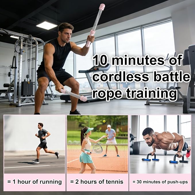 2PCS Weighted Ropeless Battle Ropes for Home Gym for Men & Women, Heavy Duty Cordless Battle Rope with Storage Bag, Strength & Low-Impact Cardio for HIIT Workouts, Cardio & Muscle Training-Pink