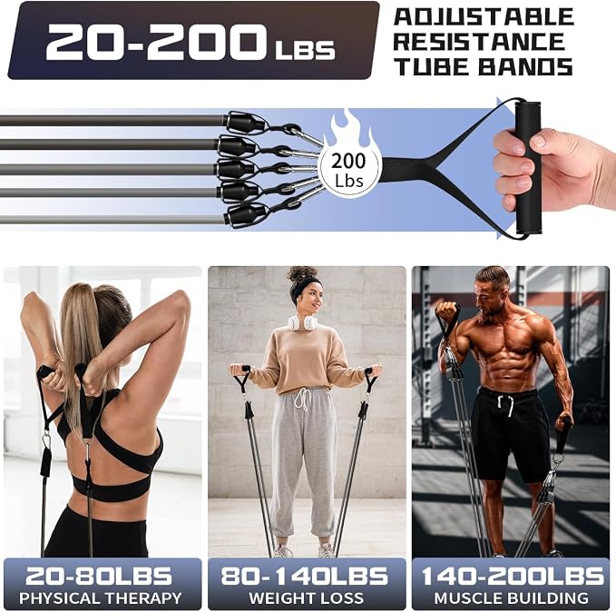 WHATAFIT Resistance Bands with Handles, 5-Level Exercise Bands for Workout | Natural latex,10-50 lbs, stackable to 150,Ankle Straps, Door Anchor,Guide. For Strength, Yoga,Home Gym,Travel & Workout.