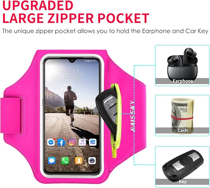 Running Armband with Earphone Pouch Fits Phones up to 6.9" | Cell Phone Armband for iPhone, Water Resistant & Breathable Sports Phone Holder & Zipper Pocket Car Key Holder for Jogging