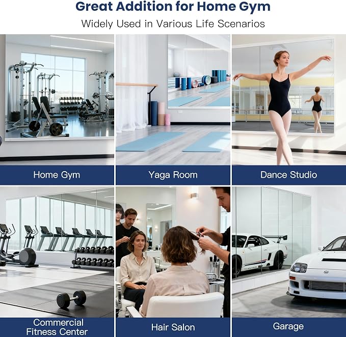 Amorho Gym Mirror 48''x60''(48''x30'' 2pcs) | Tempered Glass, Frameless Full Body Mirror for Home, Yoga Studios, Dance Rooms, Garage Gyms.