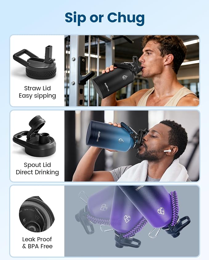 Insulated Water Bottle 64 oz with Carrier Bag, Purple/Black | Stainless Steel, Vacuum Insulated Keep Cold 48 Hrs, Half Gallon Large Water Jug, For Travel, Sport, Gym, Hiking