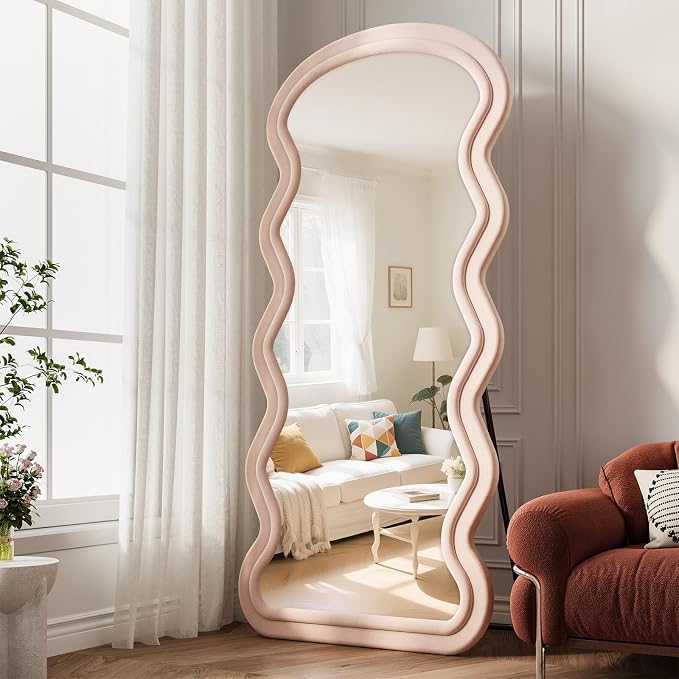 Full Length Mirror, 71"x32" Wavy Full Body Mirror Flannel | Full Body Mirror with Stand, Flannel Floor Mirrror Bedroom and Living Room, Wall Mirror Hanging or Leaning, Pink