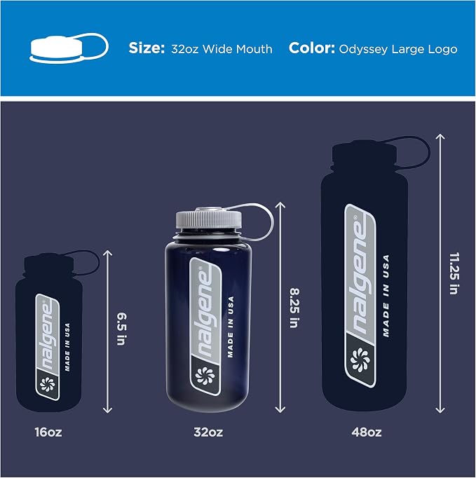 Nalgene 32 oz Wide Mouth Water Bottle, Odyssey Large Logo | BPA-Free, Durable & Lightweight, Leak Proof, Dishwasher Safe, Large Reusable Plastic Bottle for Hiking, Gym, Work & Travel