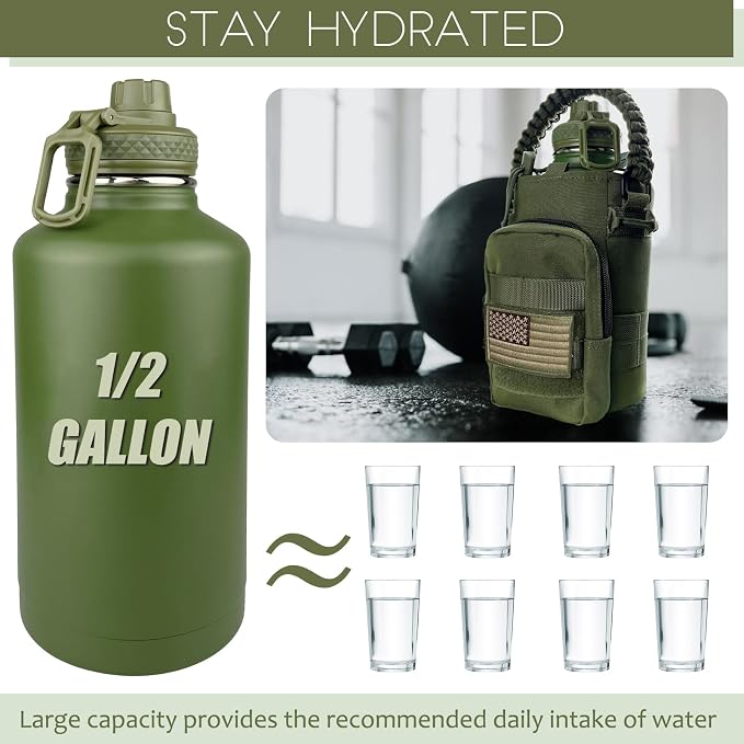 DEFUNX 64 Oz Insulated Water Bottle with Sleeve (All Military Green) - Half Gallon Water Jug with Handle - Stainless Steel Sports Water Bottle for Gym Workout Hiking Tactical Bottle with Pouch
