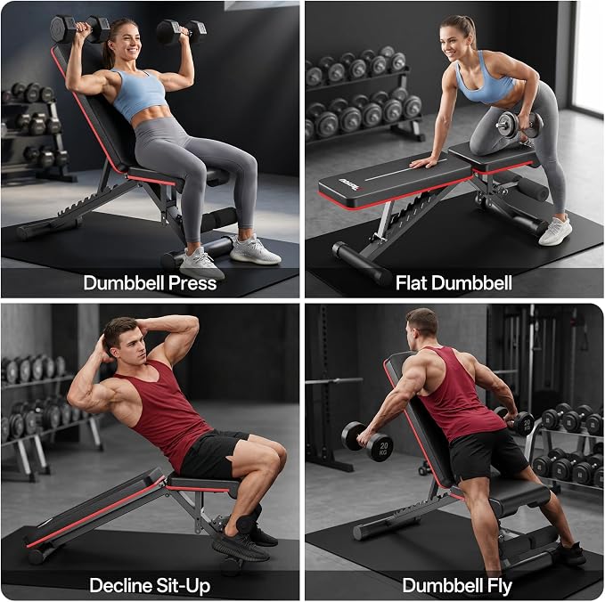 PASYOU Adjustable Weight Bench, 660LB Capacity Foldable Workout Bench, Incline Flat Bench Press for Home Gym, Dual-Frame Strength Training Bench, No Assembly Required, Wider Seat