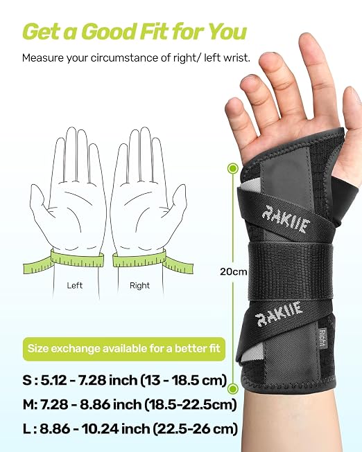 Rakiie Upgraded Carpal Tunnel Wrist Brace, Night Sleeping Support for Arthritis, Sprain & Tendonitis Pain Relief, Flexible 3-Bar Support, Breathable Hand Splint for Typing, Work & Housework, Fit for Men & Women (Gray, Small, Left Hand)