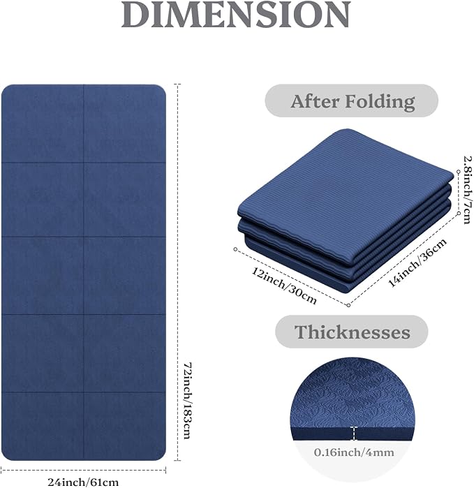 Foldable Yoga Mat Non Slip, Pilates Fitness Mats, 72" x 24" Extra Width ＆ Thick, Anti-Tear Exercise Mat with Carrying Strap and Bag, Workout Mats for Stretching,Yoga Studio,Gym or Home Workouts
