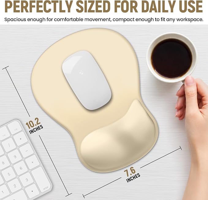 Ergonomic Mouse Pad with Wrist Rest, Gel Wrist Support, Beige | 10.2 x 7.6 in Mouse Pad with Smooth Fabric Surface and Non-Slip Rubber Base for Office, Home, Study, and Gaming