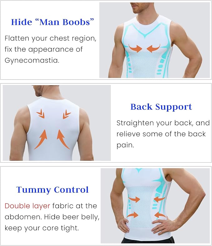 Compression Shirt Men Slimming Body Shaper Vest Crewneck Workout Tank Top | Tummy Control Undershirts, Gynecomastia Compression Shirts, Back Support, Sleeveless Muscle Shirts, Shaping Tank Top