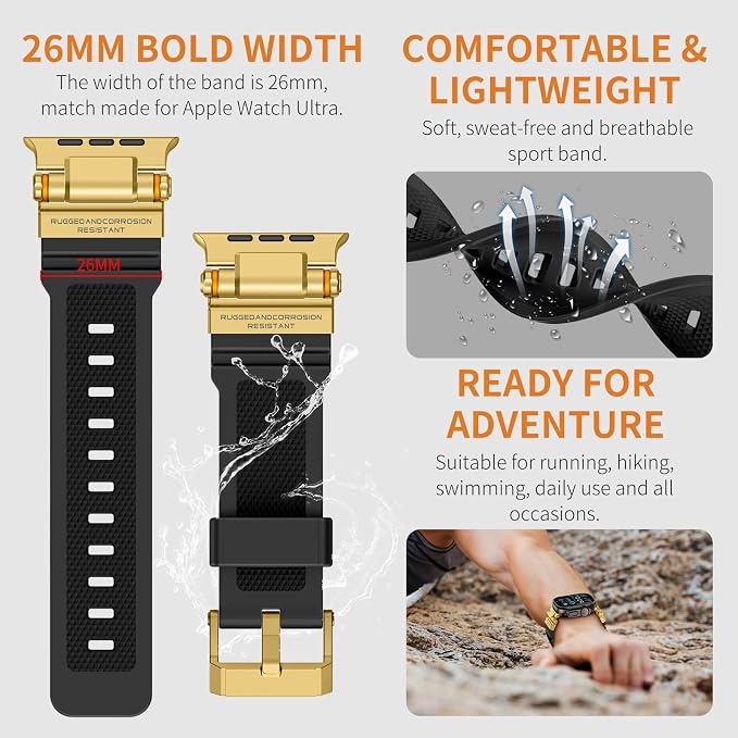Band Compatible with Apple Watch Ultra 3/2/1 Band 49/46/45/44mm | Metal Connector with Silicone Rugged Strap for iWatch Ultra Series 11/10/9/8/7/6/SE3/SE2/SE/5/4/3/2/1, Gold Black
