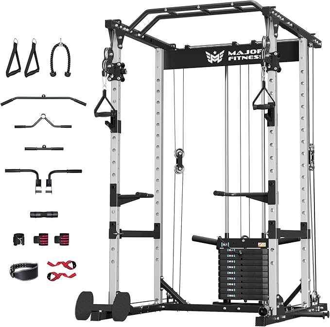 MAJOR FITNESS Power Cage Drone1 Premium- Multi-Function Power Rack for Home Gym, Squat Rack with Pull-up Bar, Cable Crossover System, J-Hooks, for Strength Training, Heavy-Duty Steel Construction