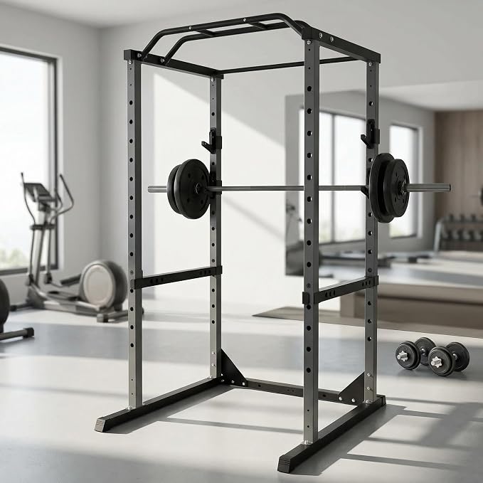 1200lbs Heavy Duty Power Cage, Black Squat Rack with Safety Bars, Adjustable J-Hooks and Safety Arms, Power Rack System for Home Gym, Weightlifting and Cross Training