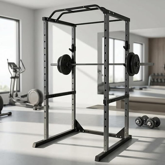 1200lbs Heavy Duty Power Cage, Black Squat Rack with Safety Bars, Adjustable J-Hooks and Safety Arms, Power Rack System for Home Gym, Weightlifting and Cross Training