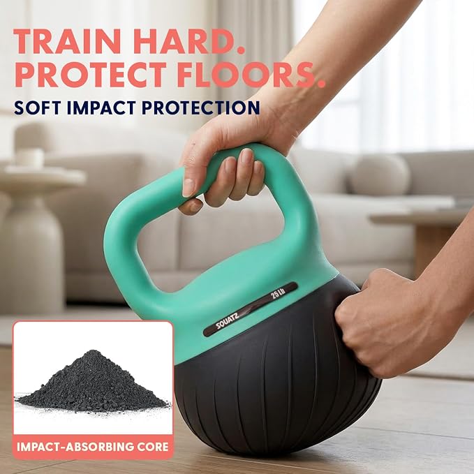 Squatz Soft Drop Kettlebell Set for Home Gym Strength Training - Cushioned Base Kettlebell Set with Wide Grip Handle, Floor-Safe Design, 15 lb, 20 lb, and 25 lb Weights for Full Body Workouts