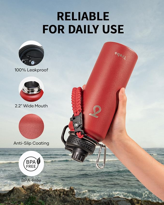 Trebo Water Bottle Insulated 40 oz with 3 Lids, Paracord Handle & Sleeve | Stainless Steel Flask Vacuum, Triple Wall Copper Plated, Dishwasher Safe, Keeps Cold 48Hrs for Hiking, Gym, Wide Mouth
