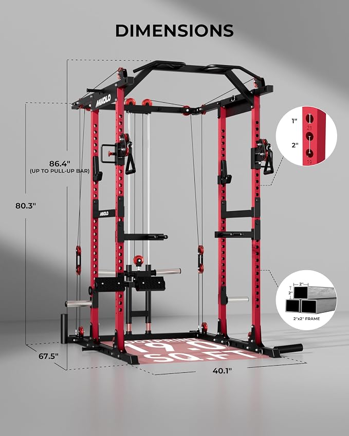 Mikolo K6 2.0 Power Cage, Power Rack with Cable Crossover System, 2000LBS Squat Rack with LAT Pull Down System, Functional Trainer with Aluminum Pulley System for Home Gym