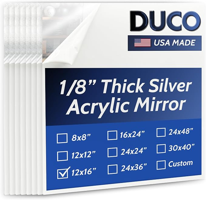Duco USA-Made Acrylic Mirror Sheet 1/8 Inch Thick 12" x 16" (with Adhesives) - Pack of 8 Silver Frameless Plastic Mirror for Walls, Home Gyms, Bathrooms, & More - Shatter-Proof Mirrored Plexiglass