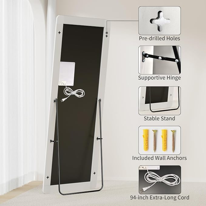 Koonmi Full Length Mirror with LED Lights, 65"x26" Lighted Mirror with Dimming & 3 Color Lighting, Big Mirror for Bedroom, Dressing Room, Rectangle,White