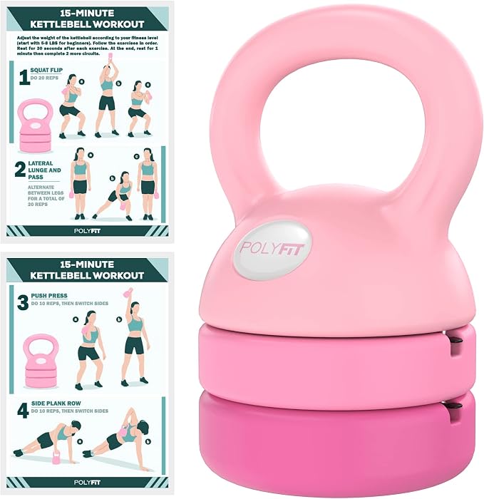 Polyfit Adjustable Kettlebell | 5 lb - 12 lb | Kettlebells Weights Set for Home Gym | Kettle Bell Sets for Women at Home | 3-in-1 adjustable design, 5/8/12 lb settings, non-slip PE coating, compact home gym storage, workout guide included