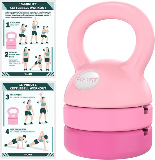Polyfit Adjustable Kettlebell | 5 lb - 12 lb | Kettlebells Weights Set for Home Gym | Kettle Bell Sets for Women at Home | 3-in-1 adjustable design, 5/8/12 lb settings, non-slip PE coating, compact home gym storage, workout guide included