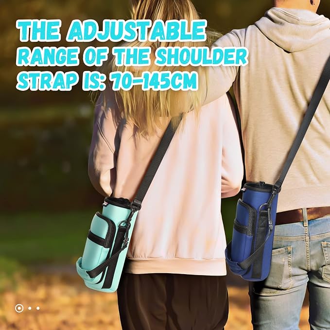 Nuovoware Water Bottle Carrier Bag, 25oz/32oz, Blue-green | Adjustable Shoulder Hand Strap, 2 Pocket, Neoprene Sleeve, For Hiking Travelling Camping