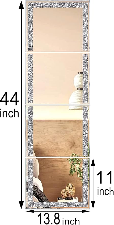 Meetart Full Length Mirror Tiles, Crystal Crush Diamond Body Wall Mirror, 14''x11'' 4PCS Glass Frameless Make Up for Home Decor, Room and Wall Decor