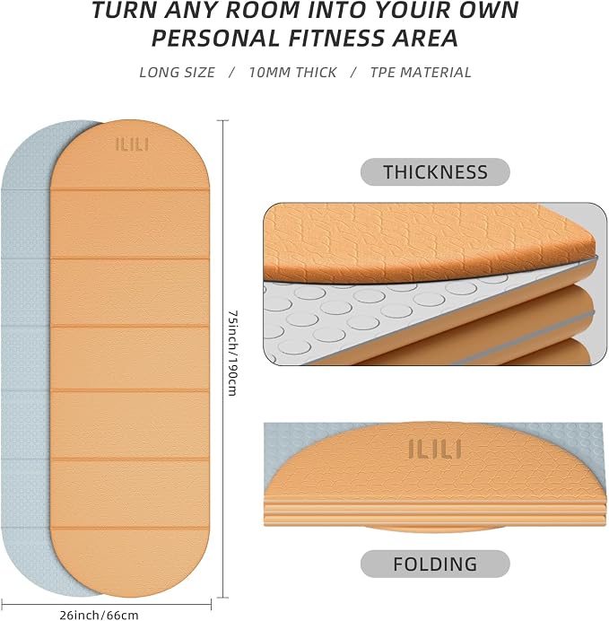 ILILI Foldable Yoga Mat-Semicircular, 10mm Thick, TPE Material, Extra Long 75"L x 26"W, Soft and Comfortable Folding Oval Mat 0.4 Inches, Easy to Carry and Store, 190*66cm Portable Multi-Functional Use for Yoga, Home Exercise & Outdoor