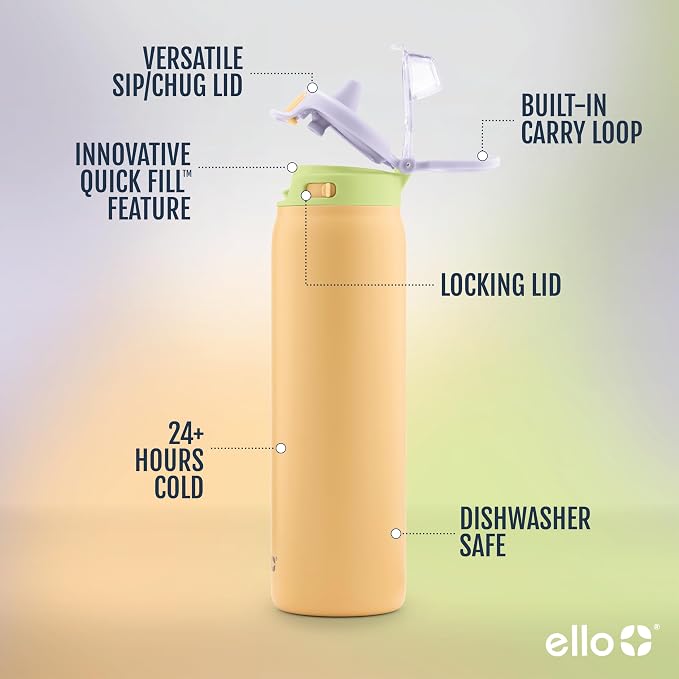 Ello Pop & Fill Insulated Stainless Steel Water Bottle with Quick Fill Lid, Leakproof Locking, Sip or Chug Spout, BPA-Free, Double Wall Vacuum Insulated for Sports, Travel & School- 22oz / 32oz / 40oz