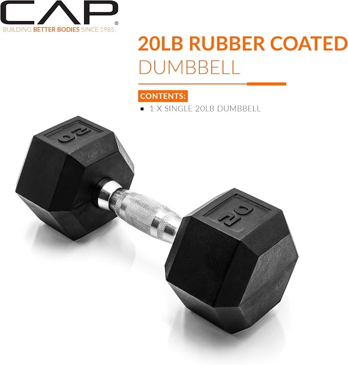 CAP Rubber Coated Dumbbell Weights, Free Weights for Home Gym Strength Training, Anti-Roll Hex Dumbbells with Black, Chrome & Comfort Grip Handles, Singles