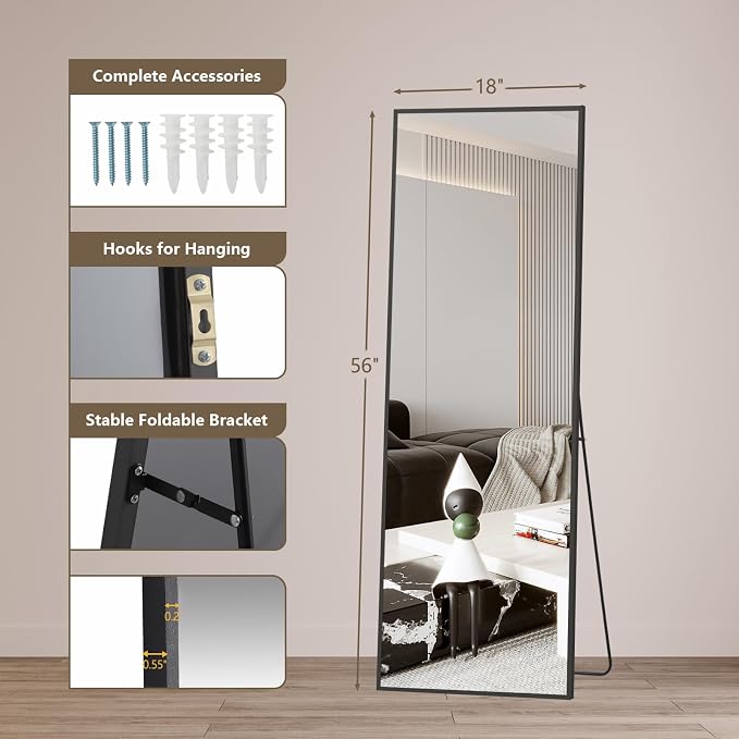Mirrorons 56"x18" Black Full Length Mirror, Floor Standing or Wall Mounted with Hanging Kit, Shatterproof Tempered Glass Mirror for Living Room, Bedroom, Dressing Room, Gym